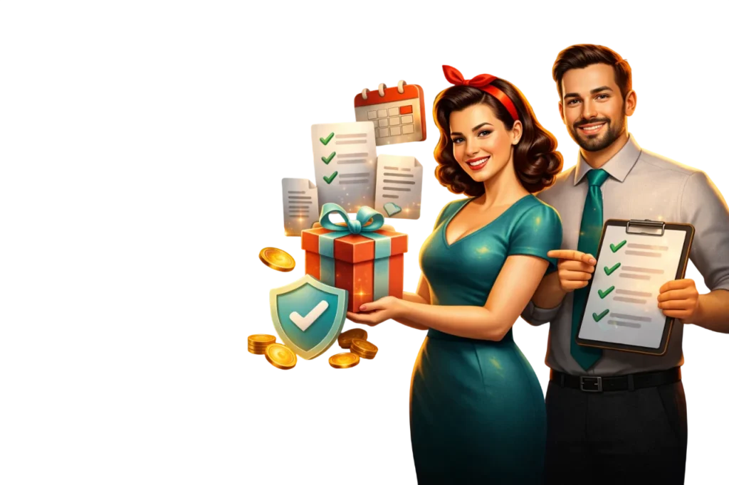 Bonus transparency banner with two people and checklist icons highlighting clear bonus terms and trust